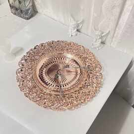 西餐盘婚庆颜色婚礼酒店派对金属感电镀装饰塑料盘chargerplate