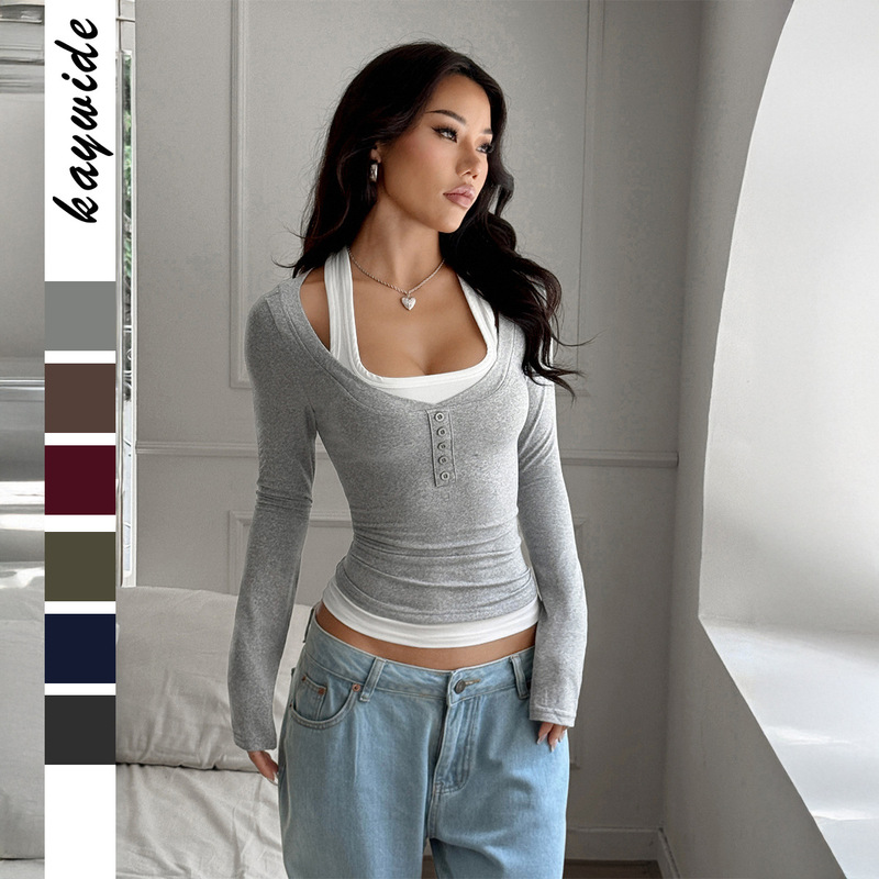 Cross-Border European and American Y2K Hot Girl Style Fake Two-Piece Camisole Long-Sleeve T-Shirt Women's Clothing 2026 Spring Amazon Independent Site