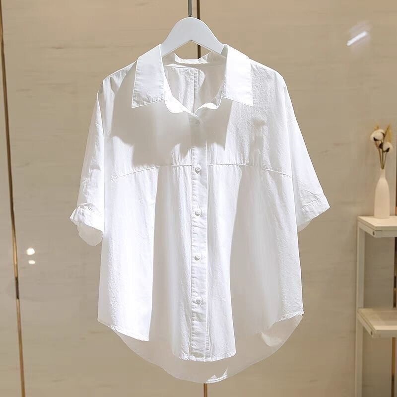 White short-sleeved shirt for women, 2026 summer new Korean style, loose fit, slimming, versatile, with hollow back, trendy top
