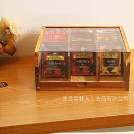 实木收纳盒家用木质咖啡多格简约储物盒桌面木制茶包透明盖整理盒
