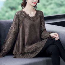 白枕鹤蕾丝拼接鹿皮绒上衣女秋装新款气质百搭宽松春装洋气打