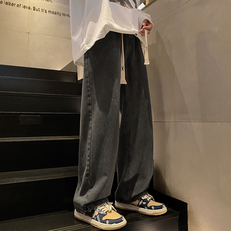 Vintage Solid Color Jeans Men's Spring and Autumn Straight Pants Loose Black Grey Wide Leg All-match Casual Long Pants