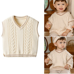 兒童背心2024春秋新款韓版麻花針織衫寶寶百搭寬鬆V領毛衣馬甲