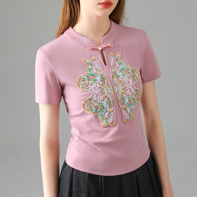 Nueva chaqueta china de estilo nacional de mujer verano 2024 nueva ropa de mujer retro bordado de hombro camiseta de manga corta