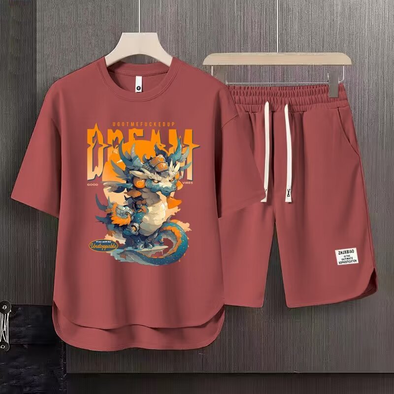 Men's Clothing 2024 Waffle Casual Summer Suit Men's Loose Teen Short sleeved T shirt Shorts Handsome Two piece Suit_desvips.com