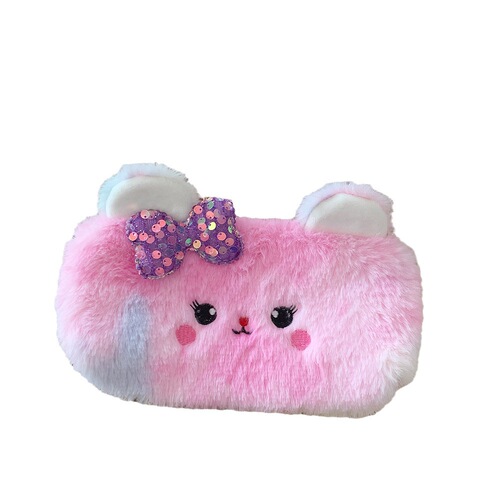 New Cute Colorful Bow Bear Pencil Case Fuzzy Girly Student Pencil Supply Bag Gift Wholesale