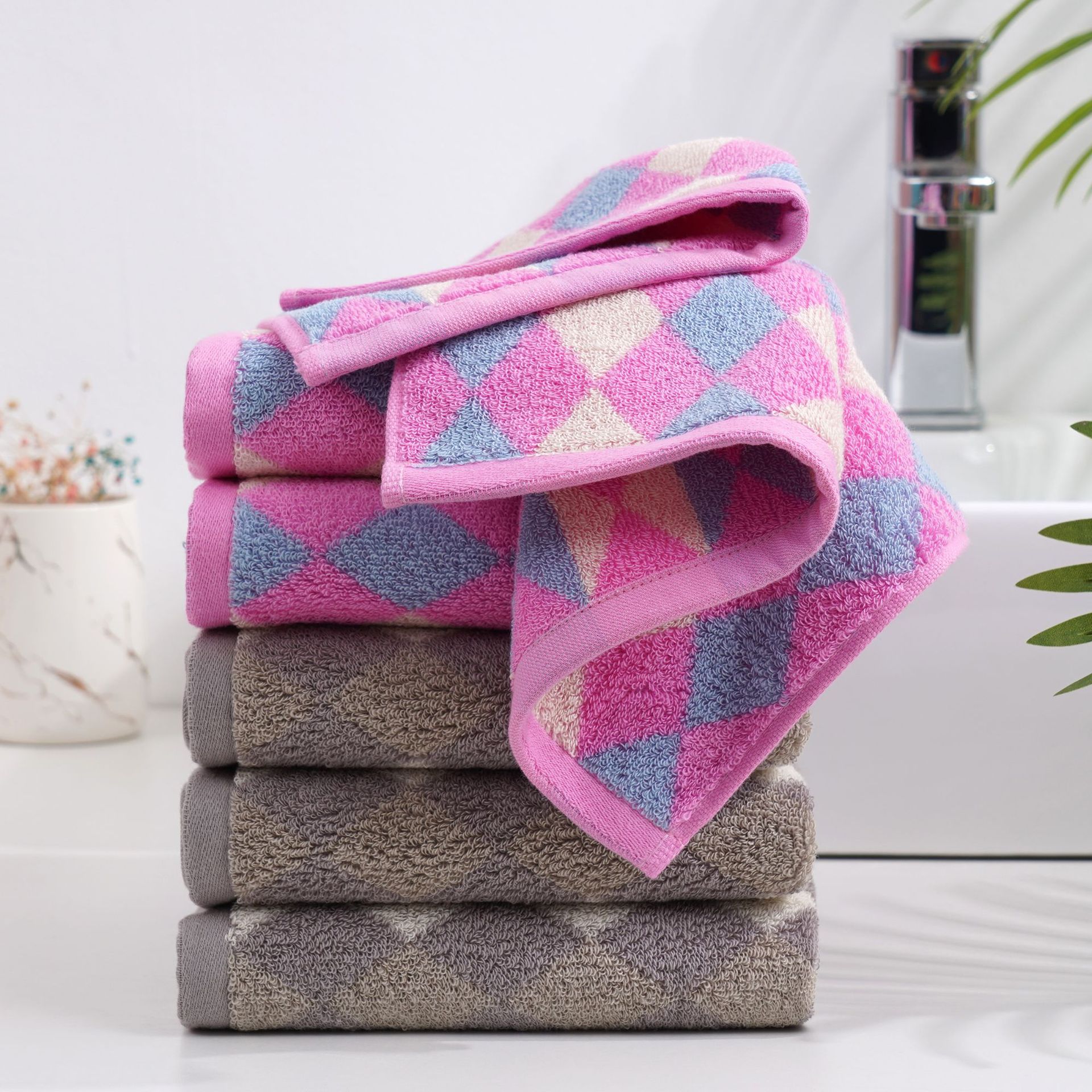 多彩菱形格毛巾 色織提花100克21支商務柔軟舒適洗臉成人情侶面巾