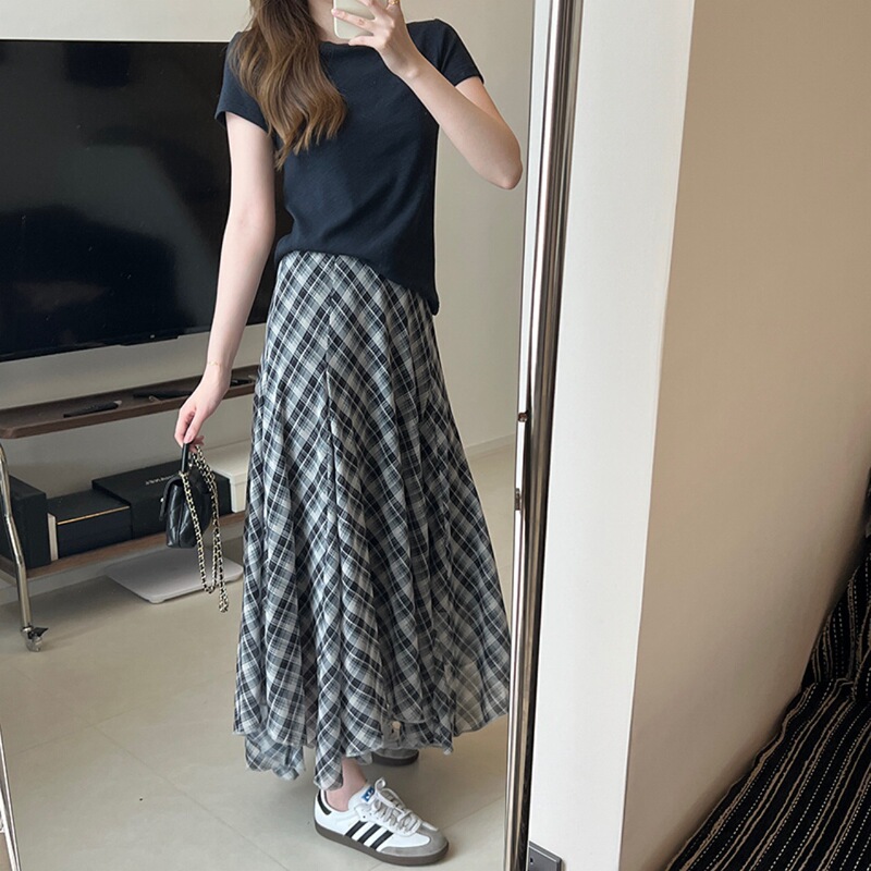 Vintage Sweet and Spicy Style Chiffon Long Dress Summer Romantic Elegant Plaid Irregular Hem Draping All-Match Slim Skirt Vintage Sweet and Spicy Style Chiffon Long Dress Summer Romantic Elegant Plaid Irregular Hem Draping All-Match Slim Skirt