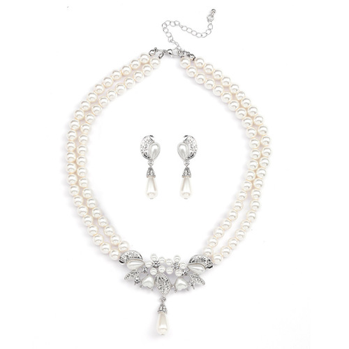 European and American jewelry wholesale, double-layered pearl necklace and earrings two-piece set, bridal dress accessories jewelry set