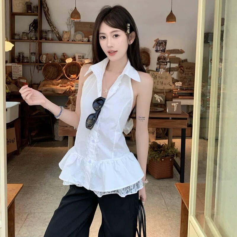 French White Sleeveless Halterneck Shirt for Women Summer New Design Niche Unique Chic Lace Shirt Top