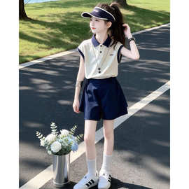 女童夏装短裤POLO衫两件套2026新款中大童洋气拼色T恤裤子套装潮