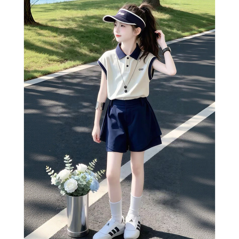 Girls' Summer Outfit: Polo Shirt and Shorts Two-Piece Set, 2026 New Stylish Color-Blocking T-Shirt and Pants Set for Older Children