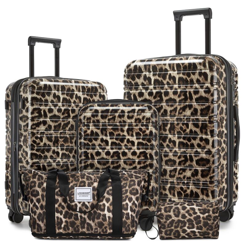 New High-Quality Lightweight Hard Shell Leopard Print Suitcase 5-Piece Set with Luggage Bag and Toiletry Bag Suitable for Travel and Business Trips