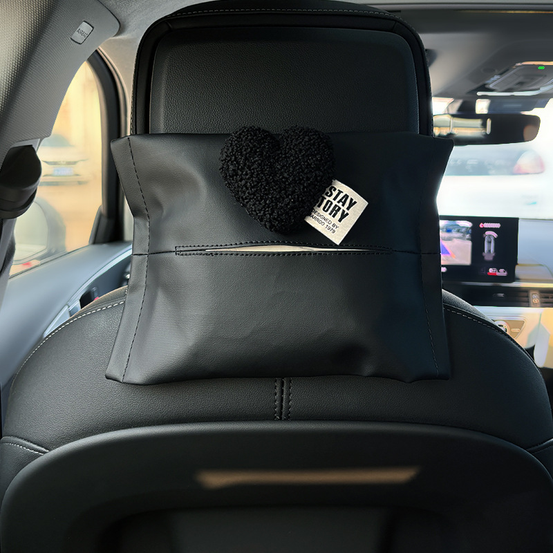 Car Tissue Box Litchi Pattern Light Luxury Love Heart Hanging Strap Car Paper Box Armrest Box Seat Back Tissue Bag Women