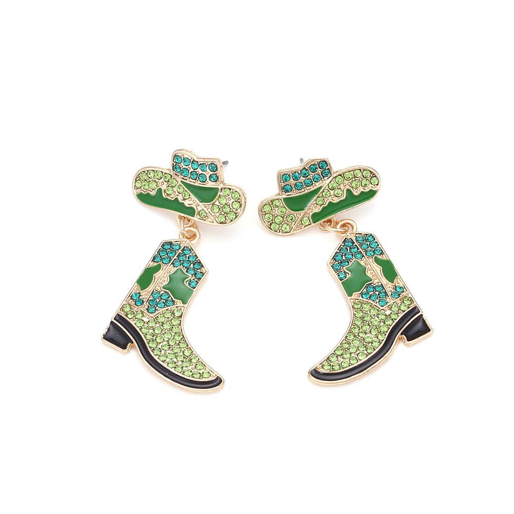 European and American personality Western Denim colored diamond earrings fashion alloy dripping oil diamond hat boots earrings for women