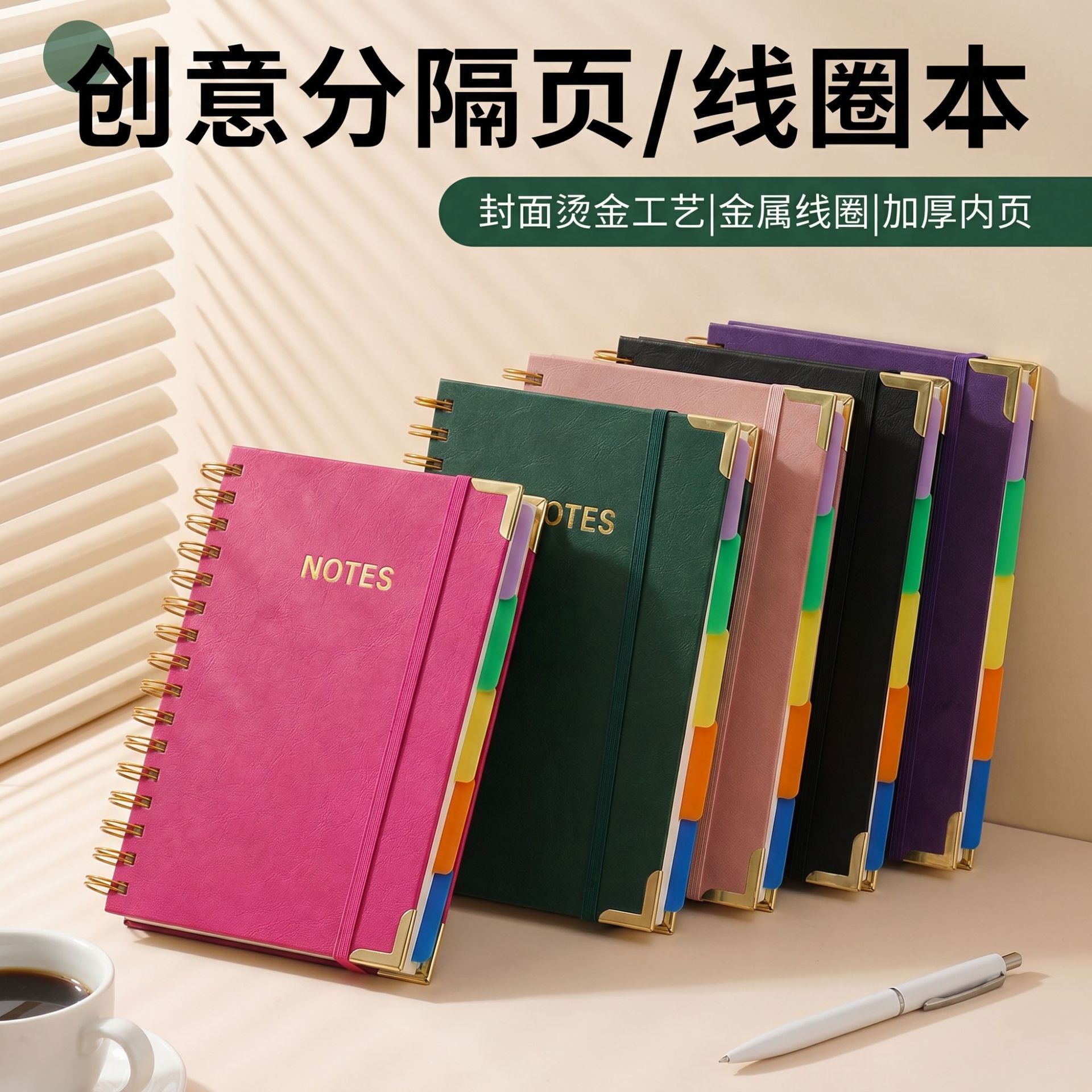 Transfronterizo PU cuero cuaderno A5 bobina con partición de página de oficina de negocios bobina espiral