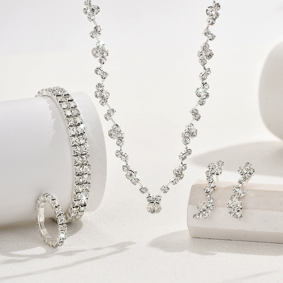 Sophisticated necklace and earrings, bracelet, set, chain for key bag , dress, accessory, simple and elegant design, 3 piece set, diamond encrusted