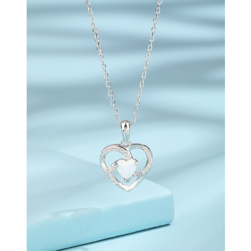 Transfronterizo nuevo 925 plata esterlina Opal amor collar mujeres nicho de diseño colgante cadena clavícula