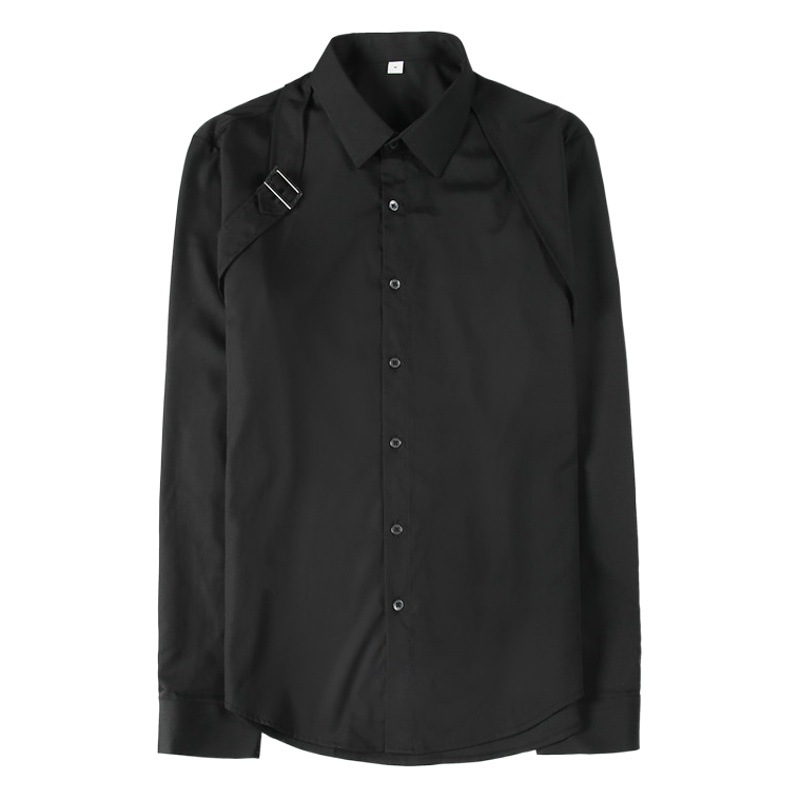 Nueva marca de moda de los hombres de la correa roja neta diseño decorativo manga larga camisa de manga larga de estilo occidental ruffle guapo camisa casual hombres