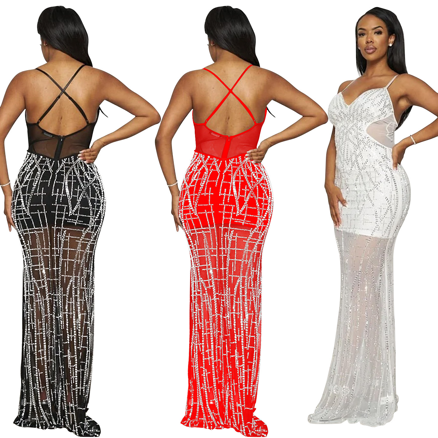 C6689 transfronteriza AliExpress Amazon de Europa y América de las mujeres de la moda de color sólido de malla rhinestone vestido de la correa del vestido image 5