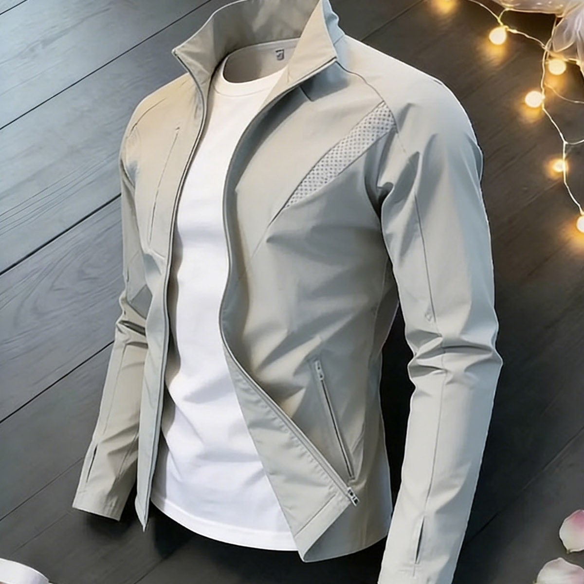 Gray Deconstructed Mesh Breathable Outdoor Sun Protection Clothing for Men and Women, Thin Ice Silk Skin Jacket with Stand Collar and Regular Shoulders, Motorcycle Style
