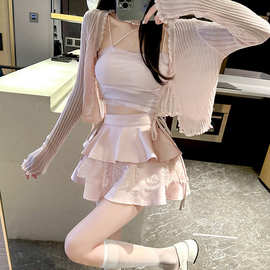纯欲风辣妹套装女夏季修身针织开衫蓬蓬半裙搭配吊带背心三件套潮