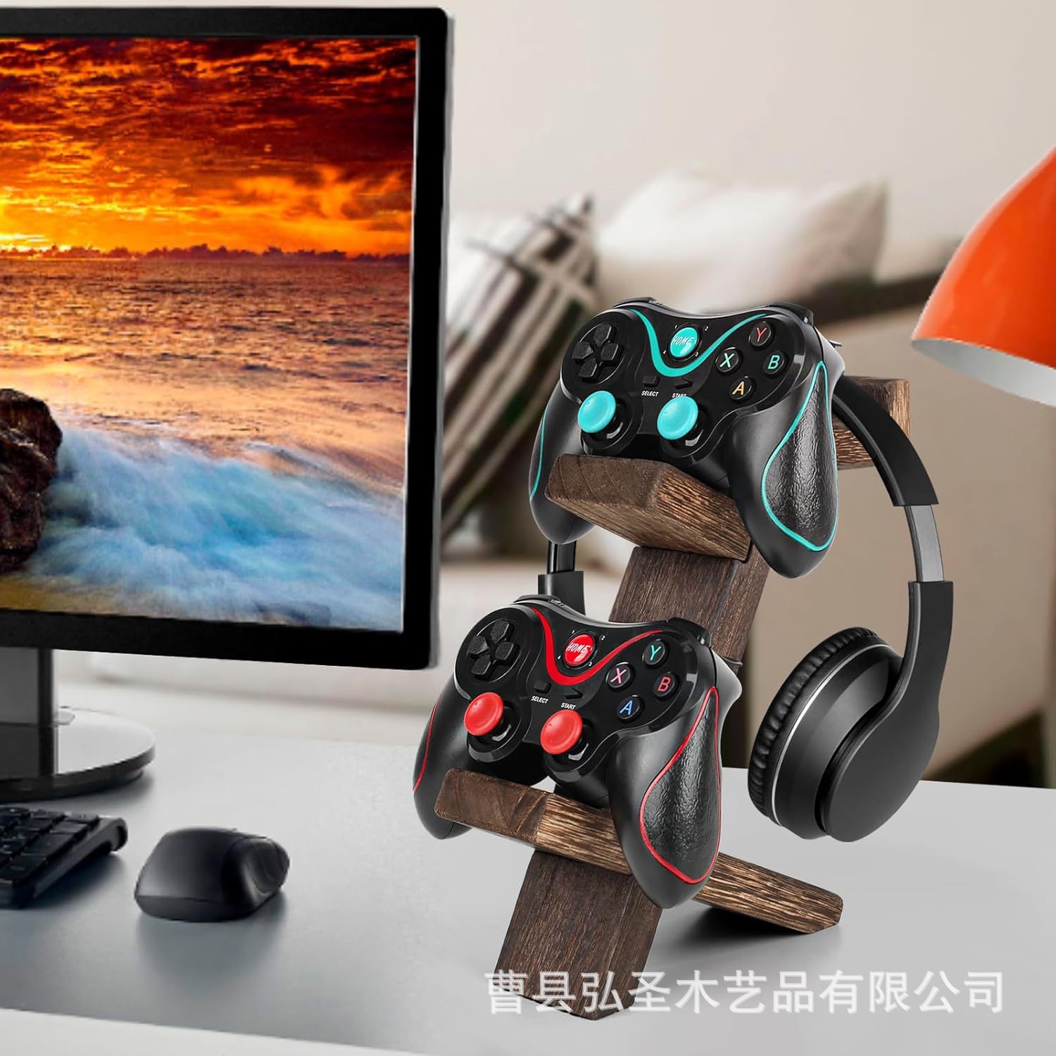 Soporte de controlador de juegos de madera Soporte de auriculares Controlador universal de 2 capas Soporte de almacenamiento de juegos Soporte de almacenamiento de auriculares