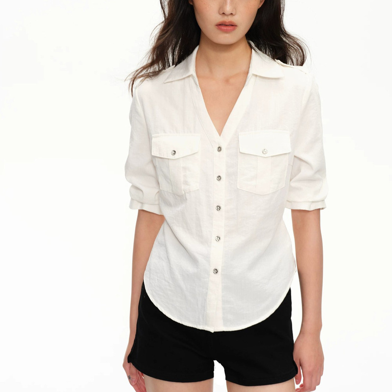 Tencel Linen White V-Neck Three-Quarter Sleeve Shirt for Women, Old Money Style, Loose Casual Waist-Cinching Blouse Tencel Linen White V-Neck Three-Quarter Sleeve Shirt for Women, Old Money Style, Loose Casual Waist-Cinching Blouse