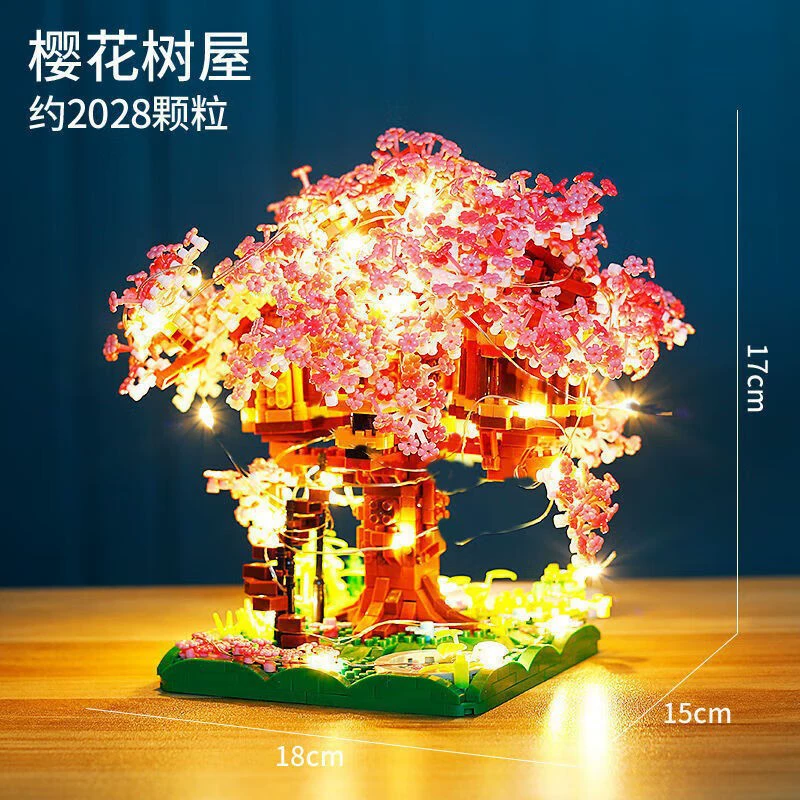 Constructor toy Cherry Tree, modular building kit with LED option, desk decorative model