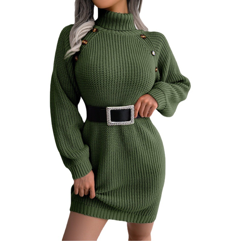 Real Shot of Autumn and Winter European and American Casual Button-Down High-Neck Long-Sleeved Bottoming Sweater Dress Amazon Independent Station Cross-Border Women's Clothing