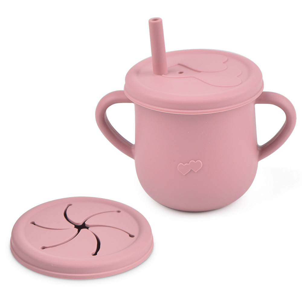Silicona de grado alimenticio para niños snack Cup mango binaural portátil resistente a la caída con taza de paja de bebé taza de bebida de silicona
