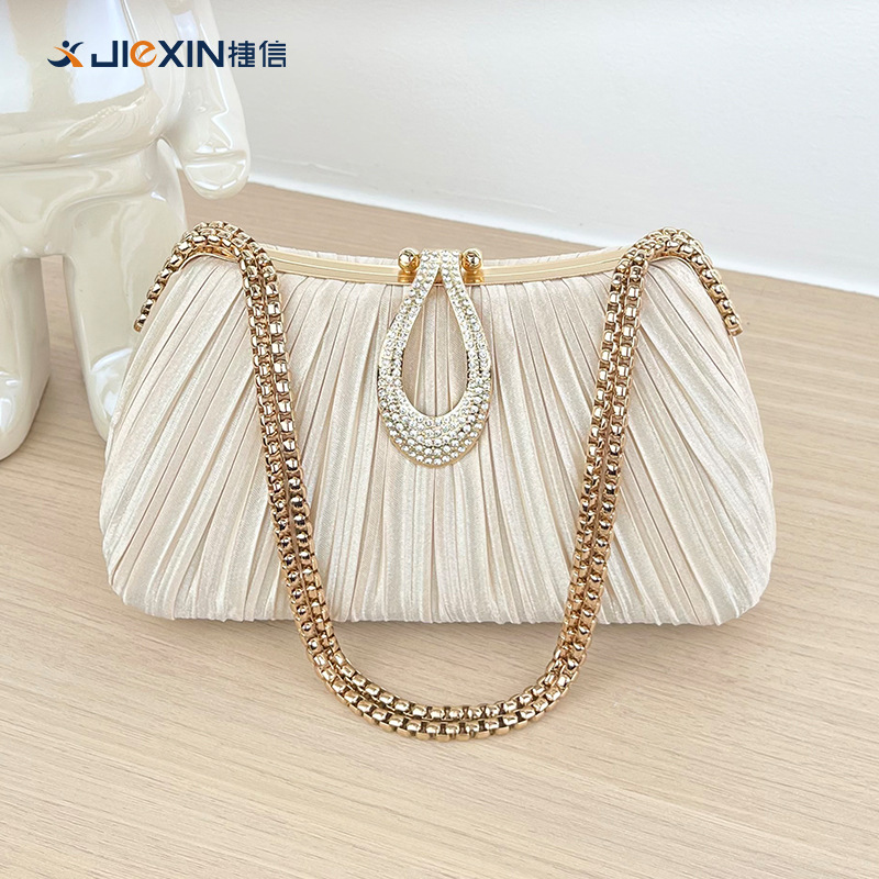 New Cross-Border Pleated Evening Bag Solid Color Handbag Simple Versatile Trendy Elegant Cheongsam Banquet Bridal Women's Bag - Thumbnail 6