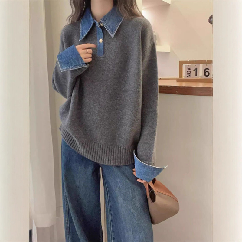 牛仔袖拼接假两件毛衣外套女2025秋冬新款宽松休闲针织衫长袖上衣|undefined