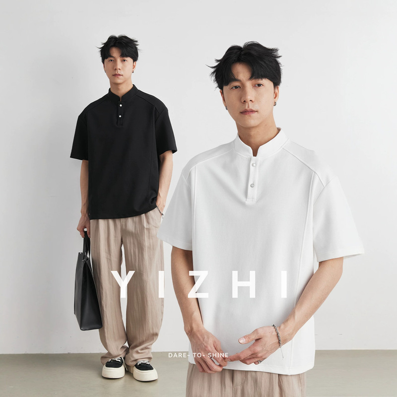 Heavyweight 240g New Chinese Style Stand Collar Button Short Sleeve T-Shirt for Men, Summer Loose Fit Drop Shoulder Simple Casual Top