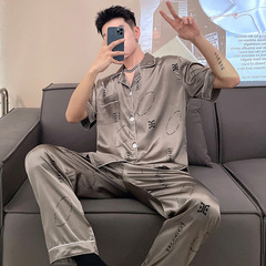 氷糸半袖長ズボンパジャマ男性大サイズ200斤夏襟カジュアル太った家服セット