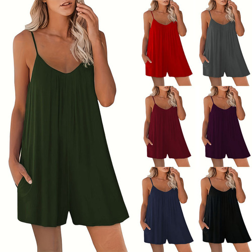 European and American-style strap one-piece casual shorts — summer new solid-color loose-fitting jumpsuit with inset pockets