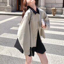 韩国chic秋复古洋气撞色翻领单排扣宽松百搭长袖工装夹克短外套女