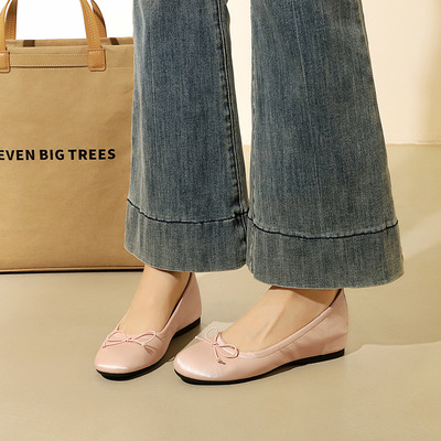 135-6 French Sweet Bow Curled Shoes for Women Cute Round Head Shallow Mouth One Step Step Step Increase Height Middle Single Shoe