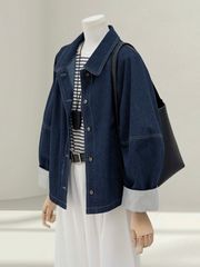 小香风复古明线条纹牛仔外套女春秋小个子宽松慵懒风休闲上衣潮