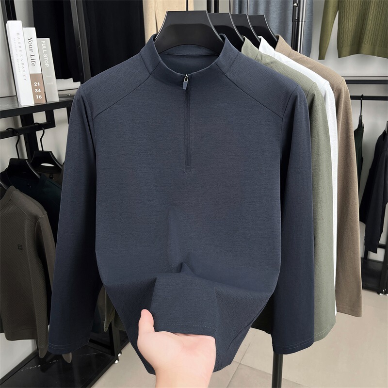 新品半拉链立领运动长袖t恤男士春秋户外打底衫纯色套头休闲上衣|undefined