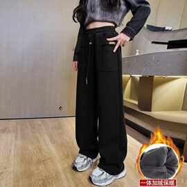 女童裤子秋冬款2024新款中大儿童宽松窄版女孩加绒直筒阔腿卫裤