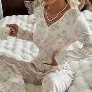 wildberries欧美跨境女式坑条睡衣碎花长袖长裤高级感家居服套装