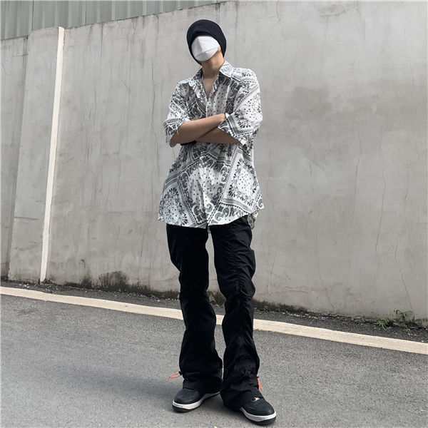 High Street Functional Vibe Style Folded Stacked Micro Horn Long Pants for Men's American Slim Fit Street Instagram Versatile Casual Pants_voghion.com