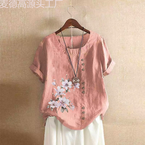 Cotton and Linen Women's Summer and Autumn Retro Casual Loose Cotton and Linen Short Sleeve T-shirt Women's Plus Size AMZ WISH