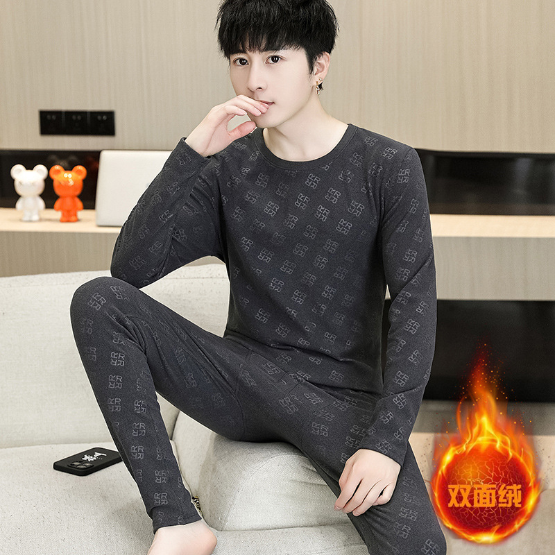 겨울 열 속옷 세트 남성 양털 뜨거운 가을 옷과 바지 청소년 양면 양면 양털 스웨터 바지 기본 셔츠