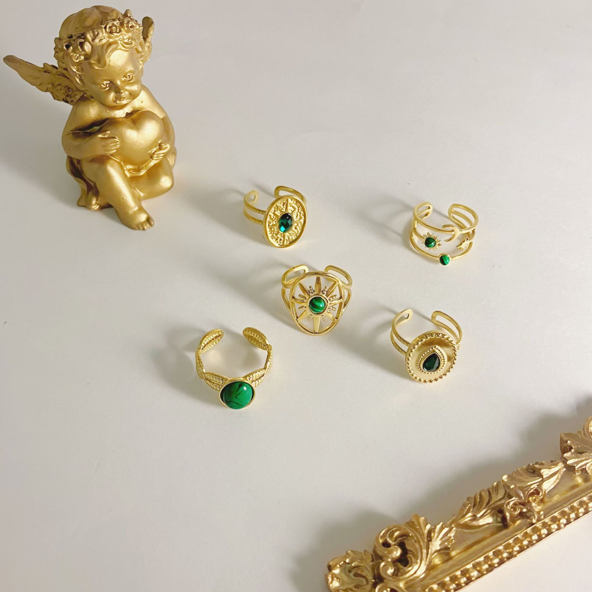 Retro Round Star Stainless Steel Inlay Artificial Gemstones Turquoise Open Ring