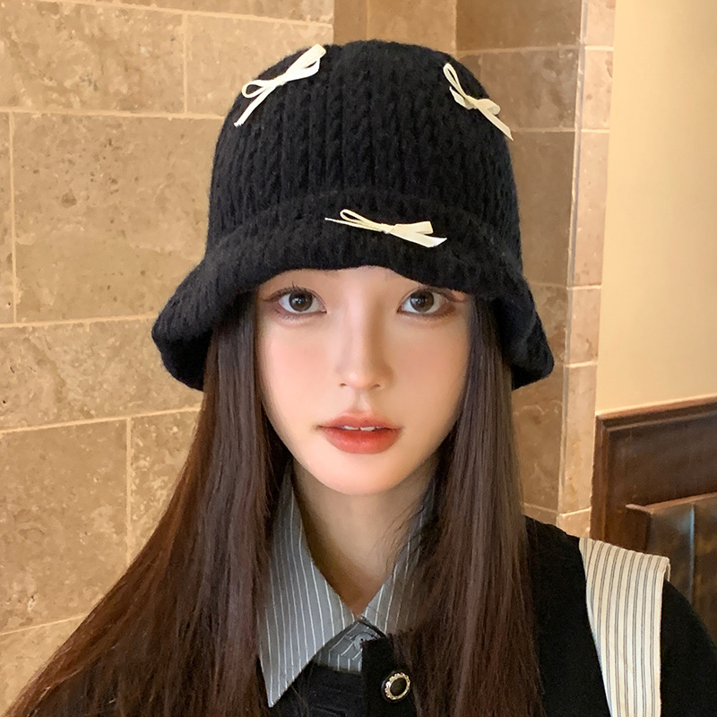 甜美可爱蝴蝶结针织渔夫帽秋冬休闲百搭加厚保暖帽防风显脸小盆帽|undefined