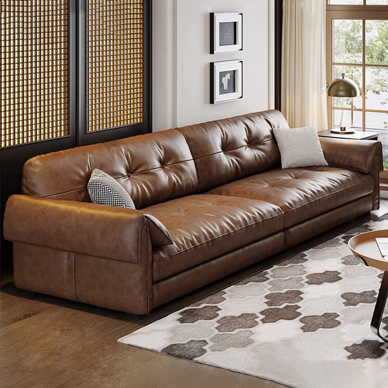 American-Style Genuine Leather Sofa, Simple Retro Cowhide Sofa, Living Room, Large and Small Sizes, Straight Row Chaise Leather Art Sofa Combination