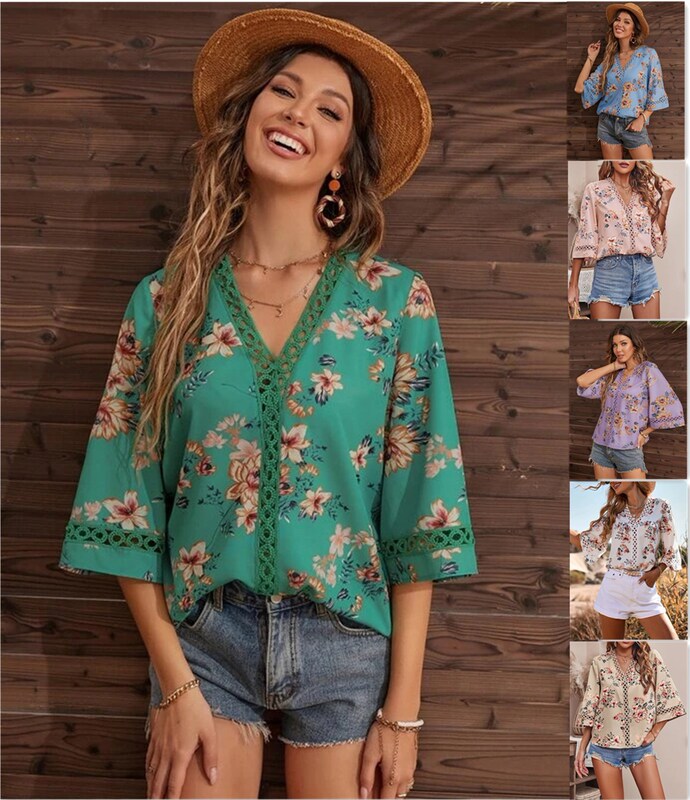 2022 Summer New European and American Foreign Trade Amazon Cross-border Women's Deep V-neck Lace Stitching Seven-sleeve Printed Shirt
