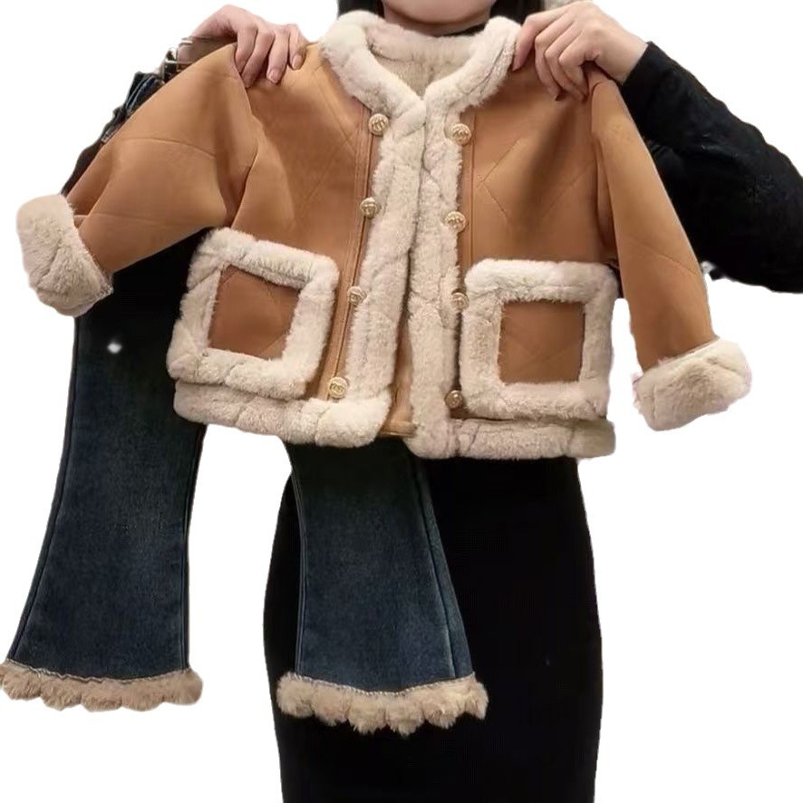 2024 새로운  소녀 겨울 서양식 두꺼운 코트 기모 청바지 투피스 소녀 가을과 겨울 세트